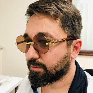 Round Brown Lens Men Sunglasses  Gold Frame Hip Hop Style Buffs Woody Arms Gafas